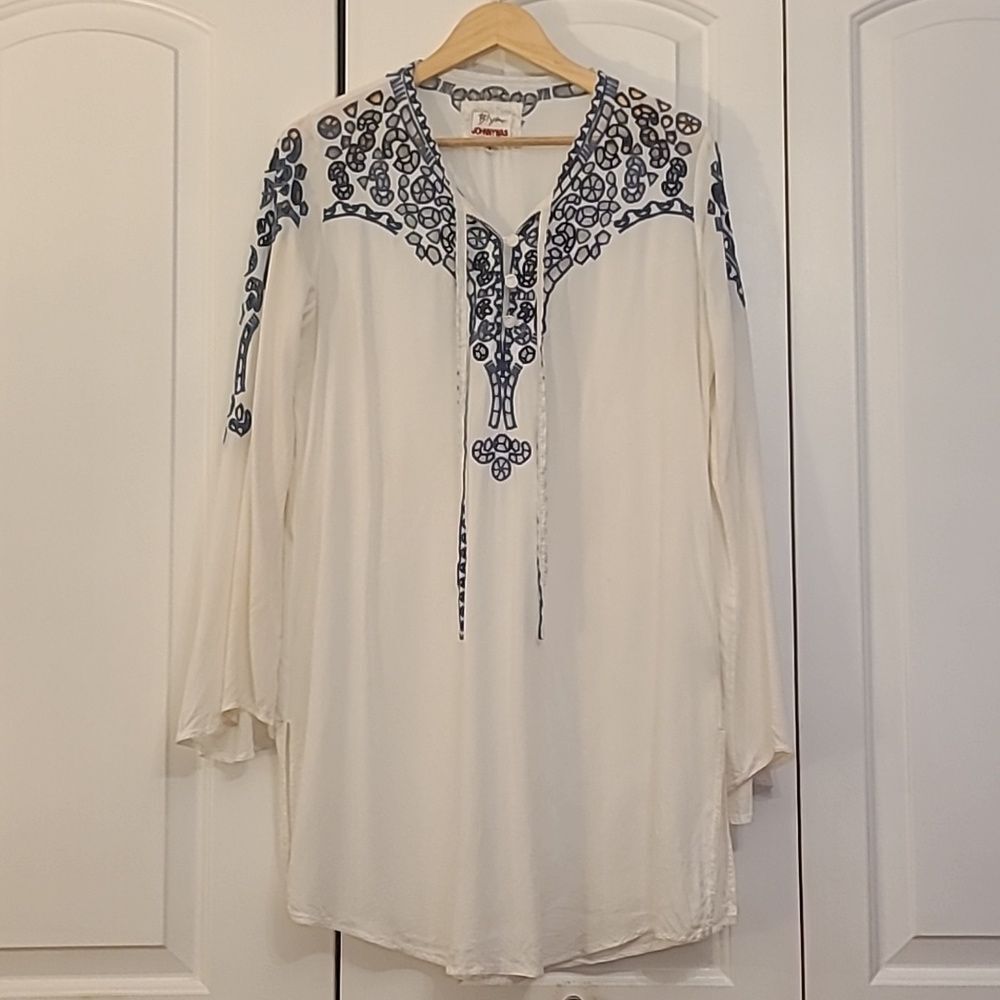 Johnny Was Biya Shirt Tunic Dress  Blue & White Embroidered Size S